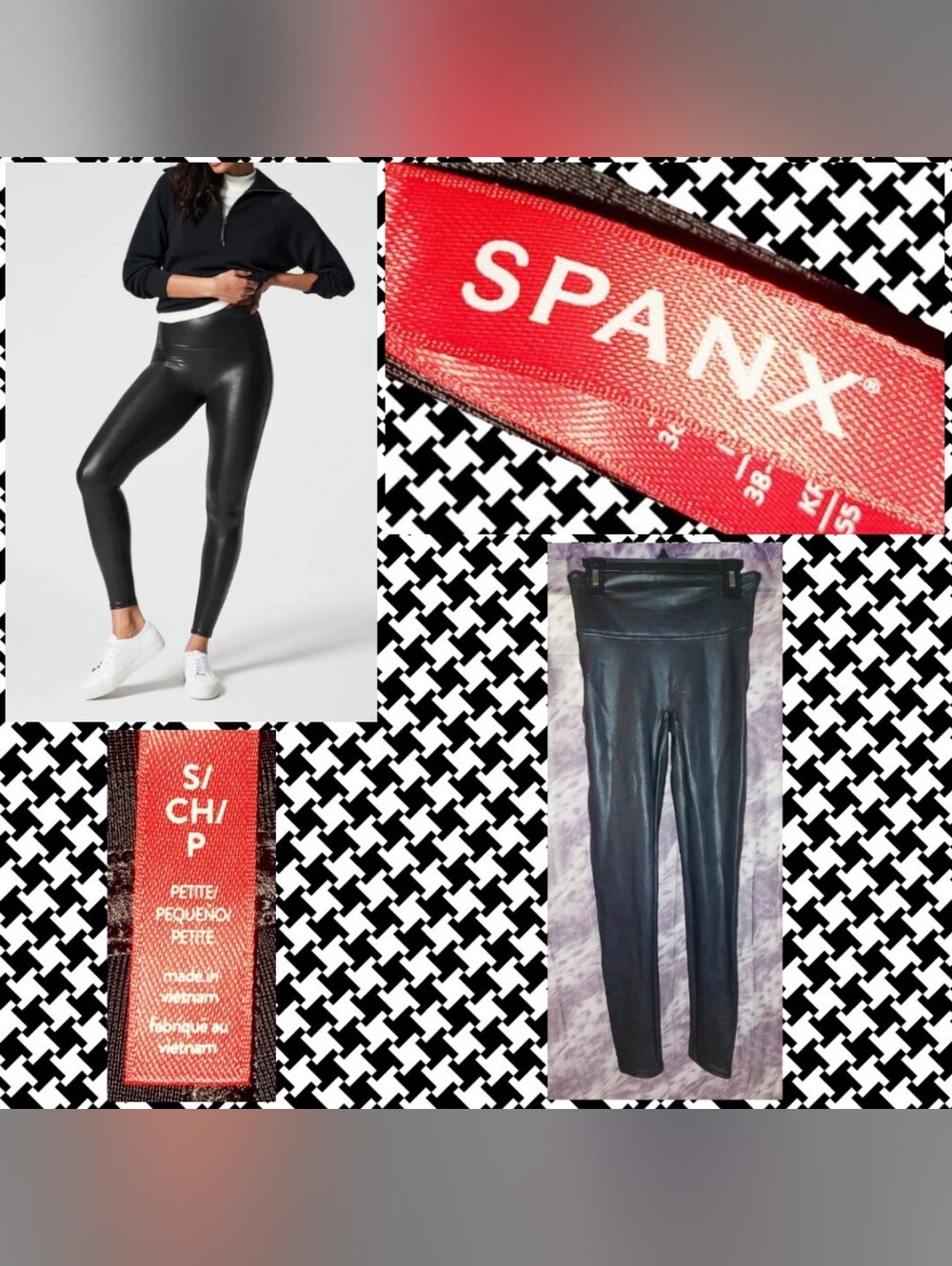 Spanx brand Black Faux Leather High Waist Ankle Soft Knit Leggings Sz Petite Sml